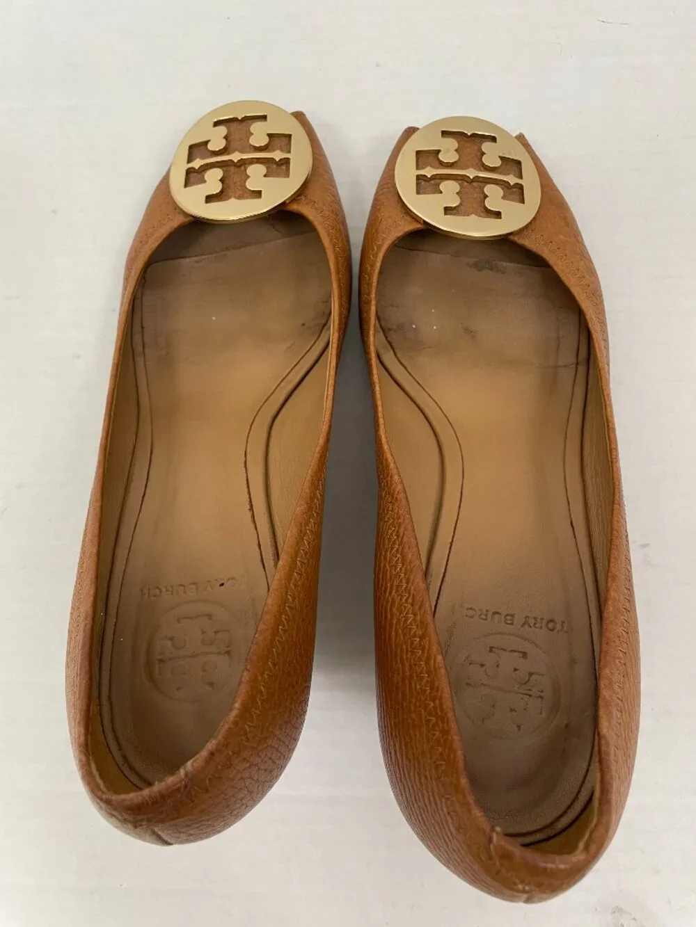 Tory Burch Sally Peep-Toe Wedge Pumps with Gold Logo Brown Leather Size: 9